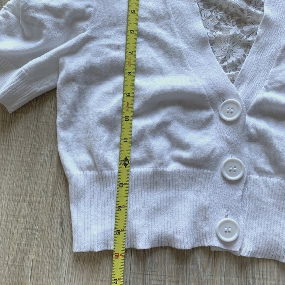 Derek Heart Lace Back Cropped Cardigan Short Sleeve Button Y2K White Sz Large L - Picture 8 of 9